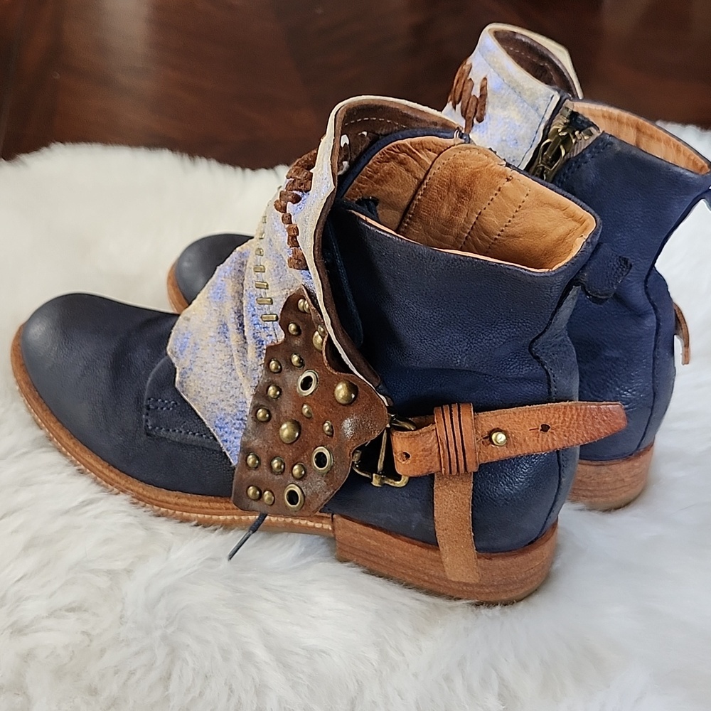A.S. 98 Navy Blue and Tan Leather Studded Boho Ankle Boots, 37 - Picture 5 of 15